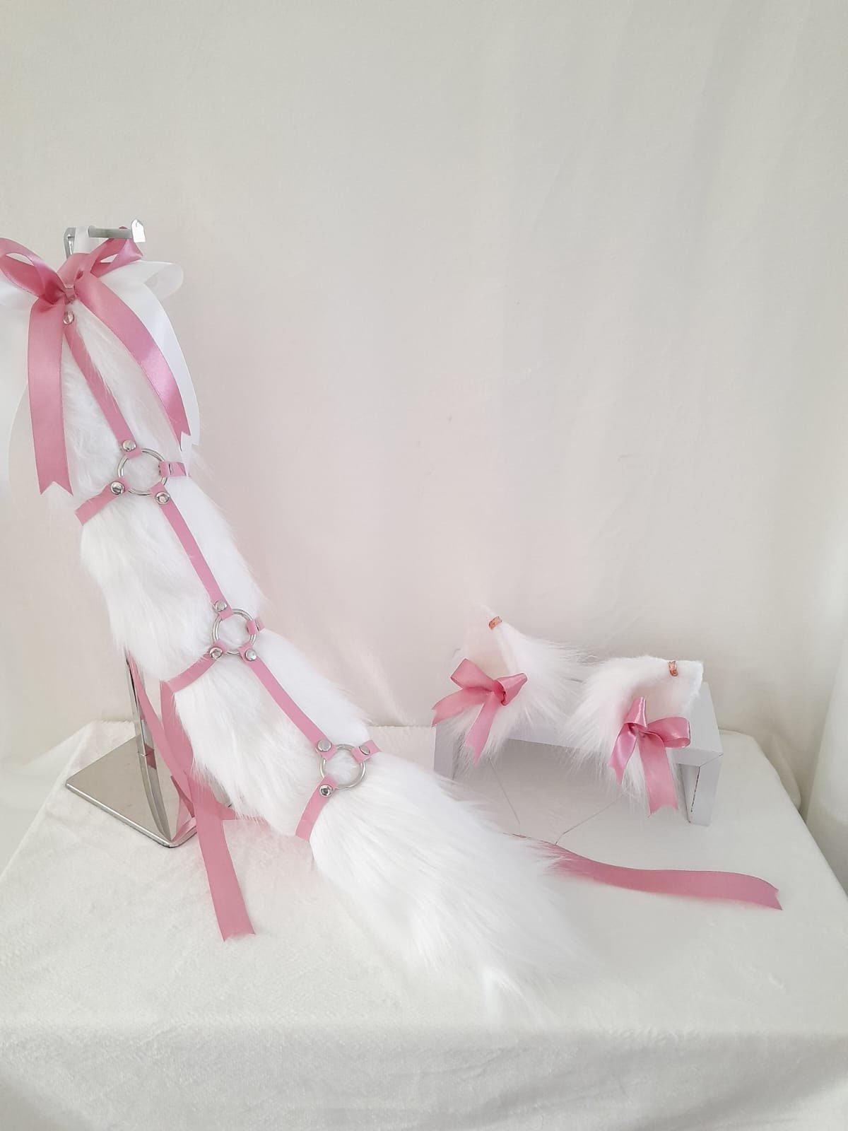 Pink & White - Strapped design - Kitten play - Ear and tail set.
