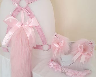 Pink - Kitten ear, tail, collar, cuff and harness set.