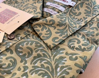 Kalamkari Organic Cotton Short Sleeve Shirt - Light Green Ethnicwear