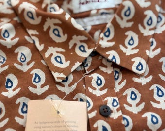 Block Print Organic Cotton Shirt: Brown Ethnic Islandwear - Small