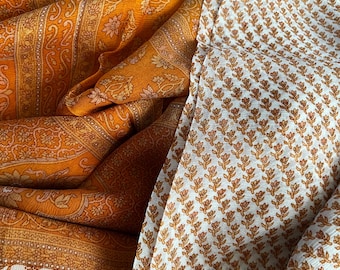 Designer Chiffon Silk Saree: Cream & Orange Print with Gold Border