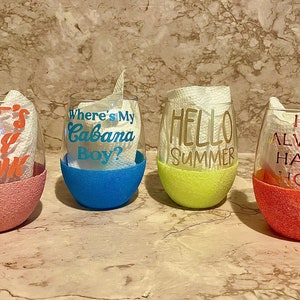 Summer Stemless Wine Glasses; Day Drinker; It’s Always Happy Hour; Where’s My Cabana Boy; Hello Summer; Girlfriend Gift; Bachelorette Gift
