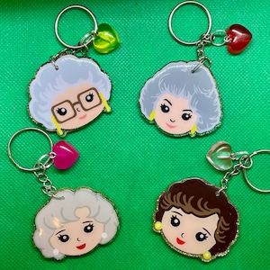 Golden Girls Keychains with Heart Charm; Mother’s Gift Keychain; Sophia Keychain; Blanche Keychain; Dorothy Keychain; Rose Keychain