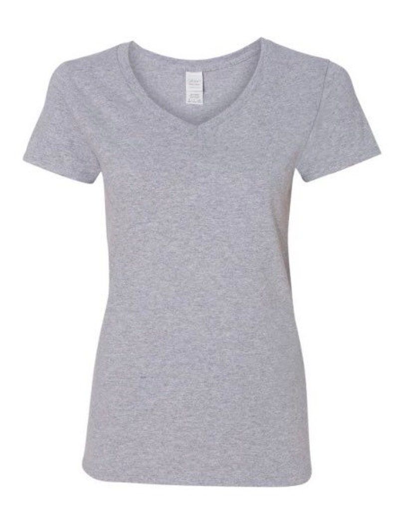 May include: A heather gray short-sleeved v-neck t-shirt.