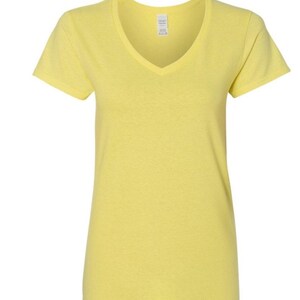 May include: A plain yellow short-sleeved v-neck t-shirt.