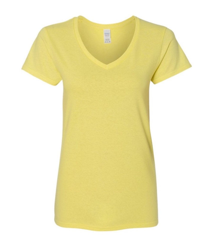 May include: A plain yellow short-sleeved v-neck t-shirt.