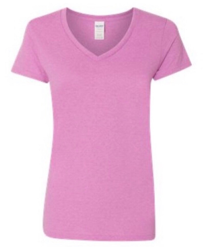 May include: A plain, light purple v-neck t-shirt with short sleeves.