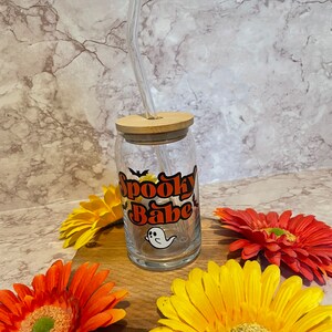 Spooky Babe 16 oz Libbey Glass Tumbler; Halloween Glass; Spooky Babe Glass: Iced Coffee Glass; Cold Drink Glass