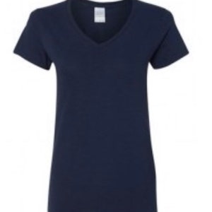 May include: A plain navy blue v-neck t-shirt with short sleeves.