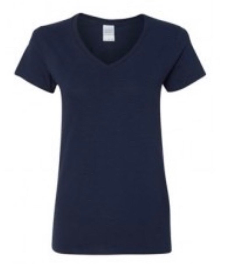 May include: A plain navy blue v-neck t-shirt with short sleeves.