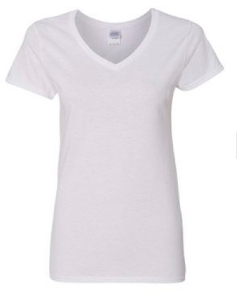 May include: A plain white v-neck t-shirt with short sleeves.