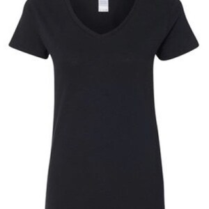 May include: A black v-neck t-shirt with short sleeves.