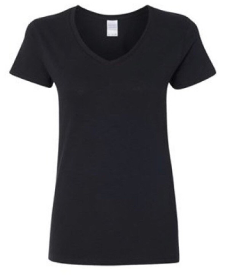 May include: A black v-neck t-shirt with short sleeves.