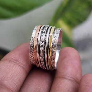 Hammered Sterling Silver Spinner Ring: Three-Tone Meditation Ring