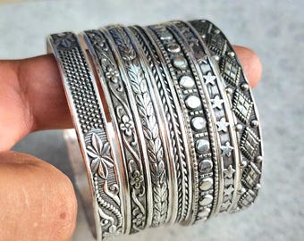 925 Sterling Silver Bangle Set, Set of Bangles, Boho Stacking Bangles, Silver Bangle Set of 7 Bangles Stacking Bangle in Sterling Silver