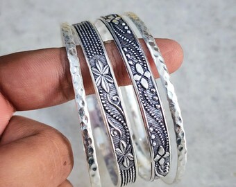 Hammered Sterling Silver Bangle Set: Wide Stacking Bangles - Etsy
