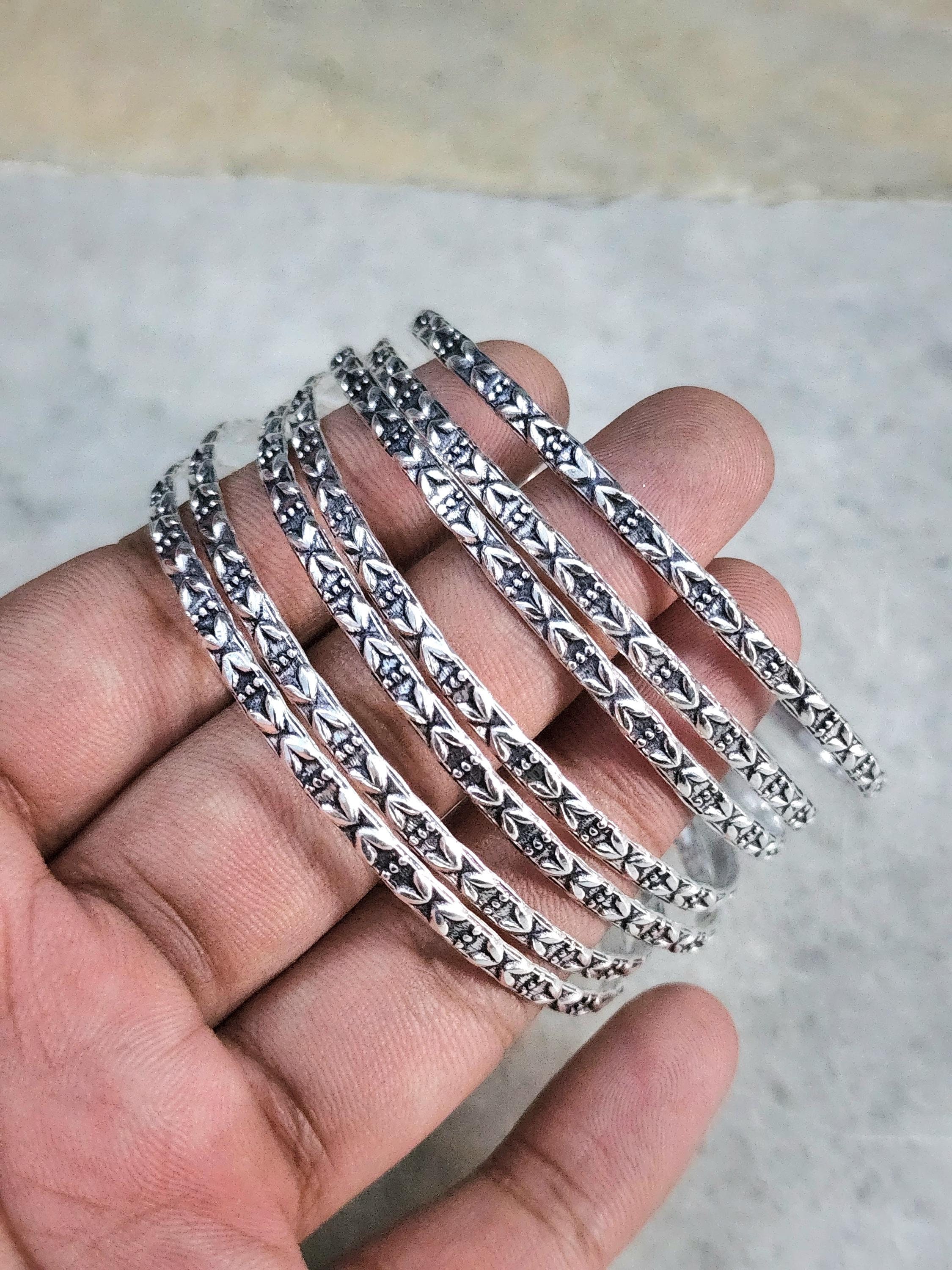 Sterling Silver Flower Bangle Set: Handmade Stacking Bangles