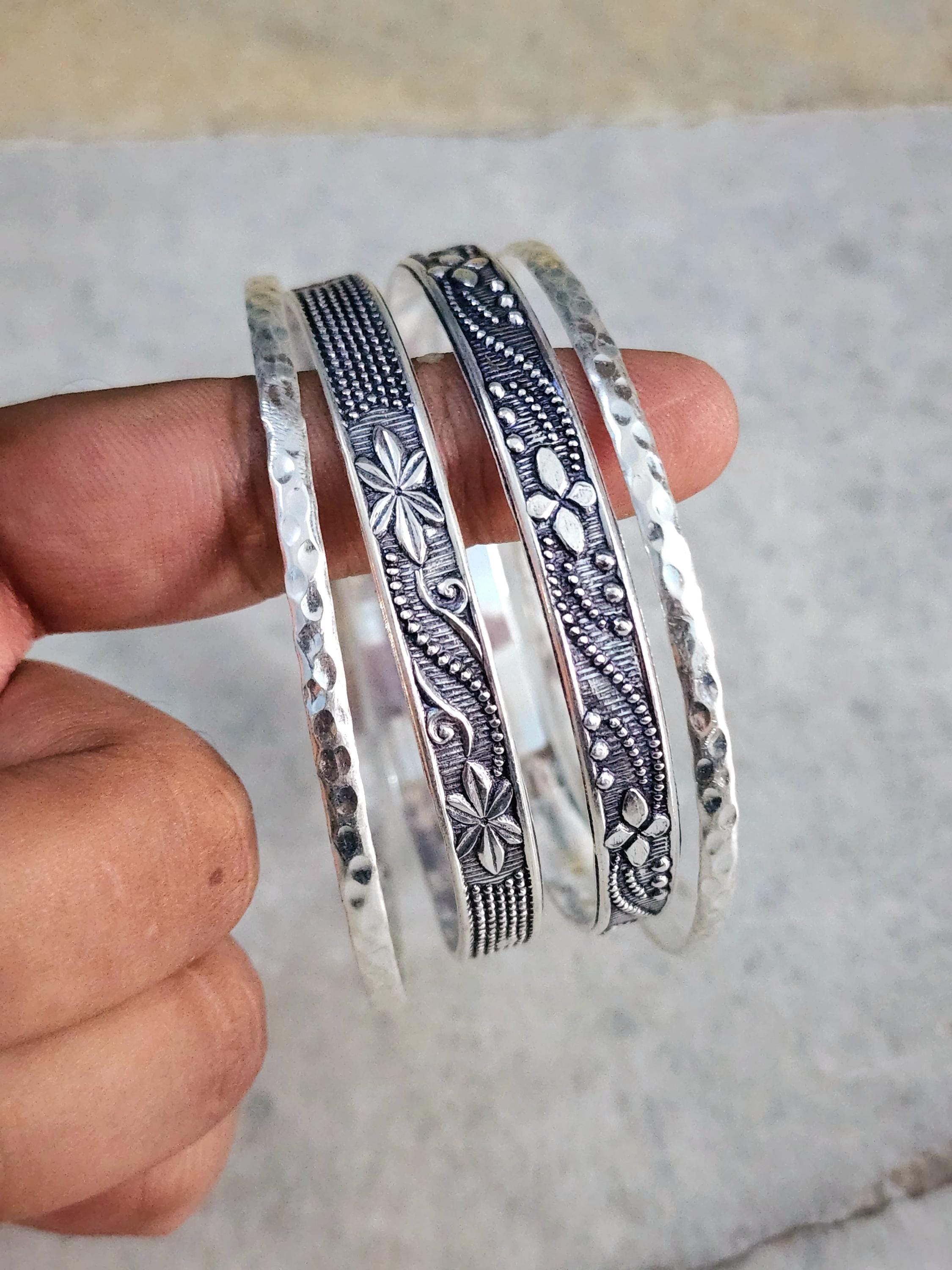 Hammered Sterling Silver Bangle Set: Wide Stacking Bangles - Etsy