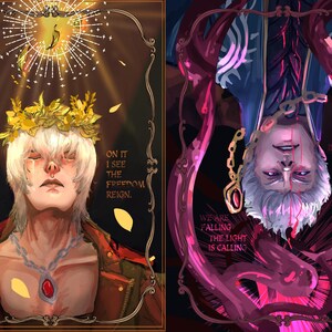 May include: Two digital art illustrations of a man with white hair wearing a crown of leaves and a red jacket. The first image shows the man with his eyes closed and tears on his face. The text reads "Bless me with the leaf off of the tree. On it I see the freedom reign." The second image shows the man upside down with blood dripping from his face. The text reads "We are falling. The light is calling. Tears inside me calm me down."