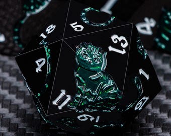 Black Green Cat DND Metal Dungeons Dnd Dragons Rolling Game Dice Set D20 D&D RPG Polyhedral D and D Tabletop Pathfinder D+D Board Game Dice