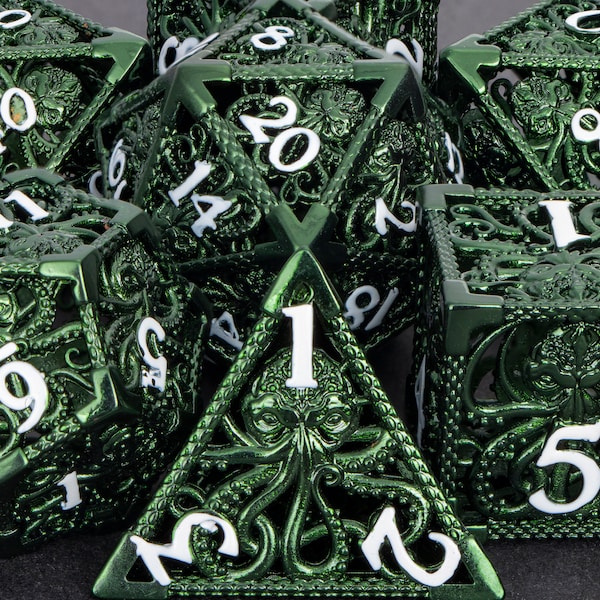 Dnd Metal Mind Flayer Green RPG Hollow Polyhedral D+D Dice For Dungeons and Dragons Pathfinder Role Playing Game Call of Cthulhu D6 Dice Set
