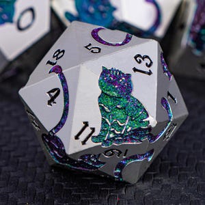 7PCS Cat Silvery DND Metal Dungeons Dnd Dragons Rolling Game Dice Set D20 D&D RPG Polyhedral Metal Dice Set D and D Table Pathfinder Dice