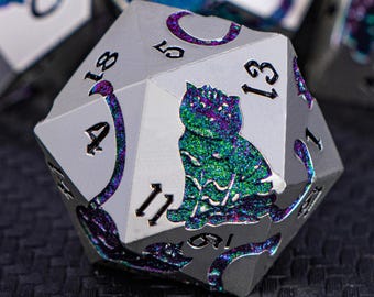 7PCS Cat Silvery DND Metal Dungeons Dnd Dragons Rolling Game Dice Set D20 D&D RPG Polyhedral Metal Dice Set D and D Table Pathfinder Dice