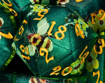 Green Bee Dnd Sharp Edge Resin Dice Set  Handmade Polyhedral Dice For D20 D+D Dungeon and Dragon Pathfinder Role Playing Game  D and D Dice