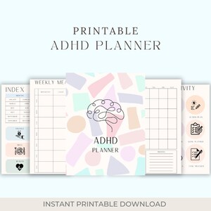 Könnte beinhalten: Druckbarer ADHD-Planer mit einem farbenfrohen abstrakten Design und einem Gehirnsymbol. Der Planer enthält Abschnitte für die wöchentliche Essensplanung, die Planung von Aktivitäten und die Festlegung von Zielen.