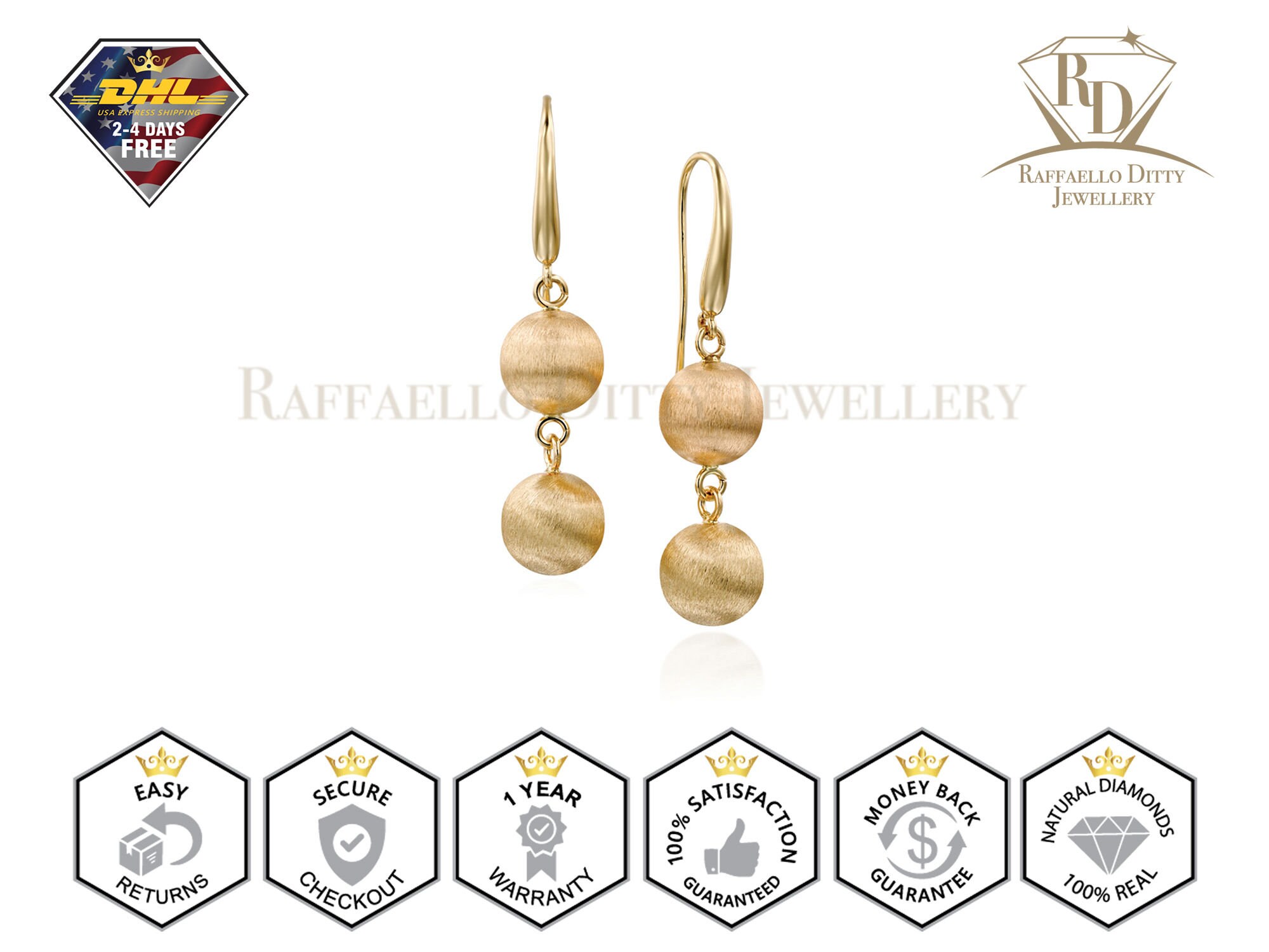 14k Gold Ball Drop Earrings Solid Yellow Gold in Brushed Etsy