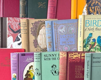 May include: A collection of vintage books with various colors and designs. Titles include "A Weaver of Dreams," "Sunny Boy with the Circus," and "Bird of North America." The books are arranged in a close-up shot, showcasing their spines and covers.