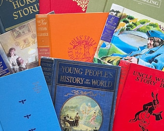 May include: A collection of vintage children's books with colorful covers. The books include titles like "A Treasury of Horse Stories", "The New Junior Classics", "Young Folks' Shelf", "Young People's History of the World", "The Yearling", and "Uncle Wiggily's Story Book".