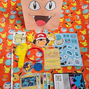 May include: A Pokemon party favor bag filled with various Pokemon themed items, including stickers, trading cards, a pencil, a balloon, and a bracelet. The bag is decorated with a cartoon image of a Pokemon character.