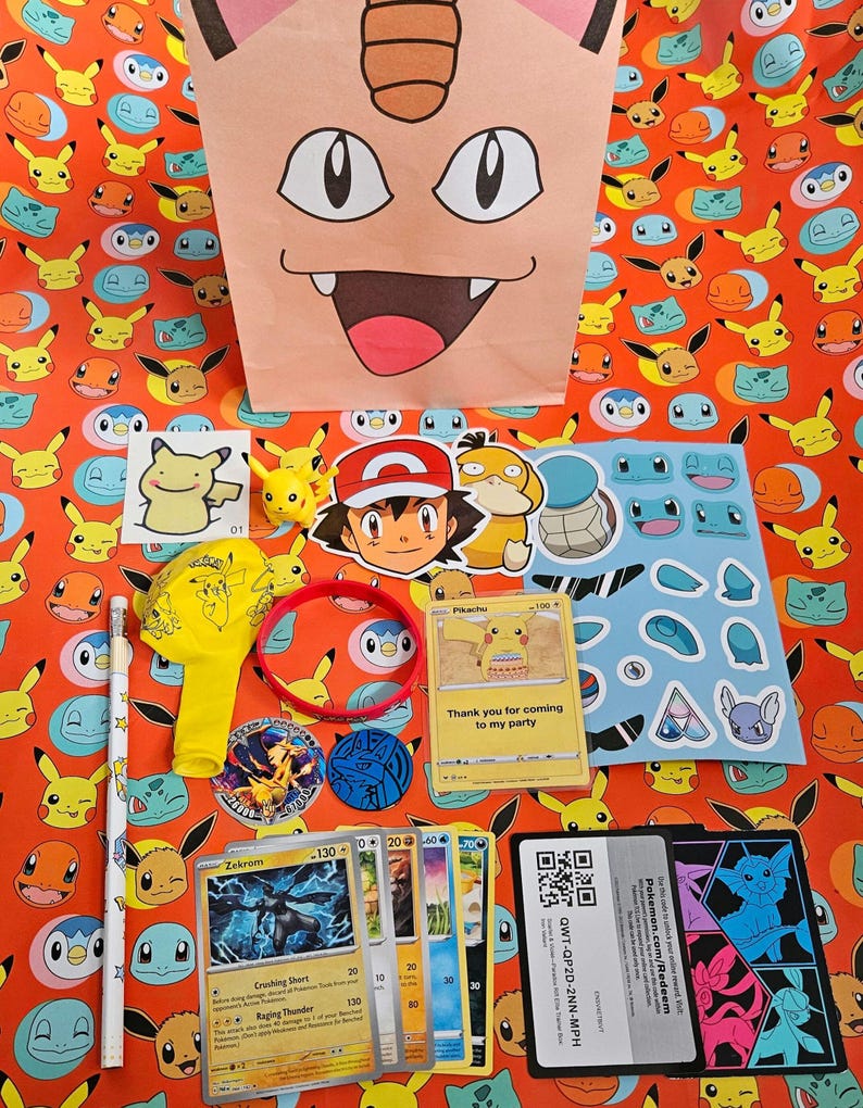 May include: A Pokemon party favor bag filled with various Pokemon themed items, including stickers, trading cards, a pencil, a balloon, and a bracelet. The bag is decorated with a cartoon image of a Pokemon character.