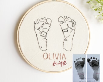 CUSTOM Embroidered Footprints, Christmas, Newborn Baby Footprint Keepsake, Line Art, Hand Embroidery, Personalized for Baby Nursery Decor