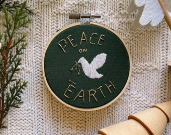 Peace on Earth Handmade Christmas Ornament, Modern Hand Embroidery, 3 inches, Green Gold and White, Christmas decor, Christmas Tree Ornament