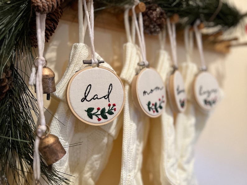Stocking Tags, Christmas, name tags, handmade, embroidered image 1
