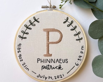 Birth Info, Baby, Nursery Decor, Home, Personalized baby name, Greenery, Handmade, Hand Embroidery, Birth stats, Custom, new baby, boy, girl