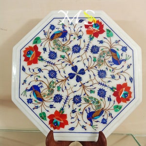 Handgemaakt tafelblad met witmarmeren inlegwerk: Pietra Dura Art, Mughal-stijl