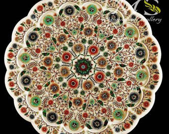 Time less Marble White Beautiful Master Piece Inlay Plate With Small Details Parchinkari Art work Home Decor With Multi Colour Gemstones Art