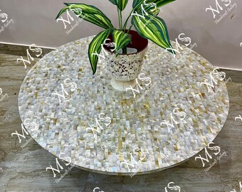 Mother of Pearl Inlay Coffee Table Top: Handmade Marble Art (36" Round)