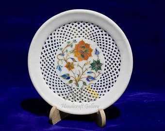 White Marble Inlay Plates Hand-made Inlaying Stone Wall Home Decor Plates With Multi Colour Stone Home Decor Gifts Item