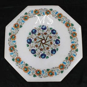 18&quot; wit marmeren inlegwerk zijtafelblad, Pietra Dura Art, Home Living-tafel, handgemaakte bijzettafel met marmeren inlegwerk, marmeren middentafel