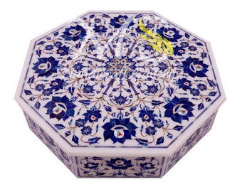 Marble Octagonal Jewellery  Box Lepis lazuli Floral Inlay Art Handmade Products,Stone Box,Marble Jewellery Box,Lepis lazuli box,Home decor