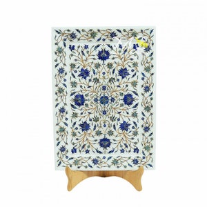 Marble Inlay Lepis Lazuli Tray Home Decor, Semi Precious Stones Pietra Dura Art, New Gift Handmade souvenir Tray Natural white Marble tray
