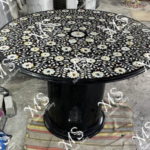 48&quot; Black Marble Inlay Round Dining Table Top with Black Stand Home Living Decor, Marble Coffee Table Top, Marble Center Table, Marble Inlay