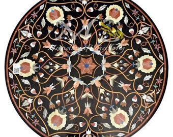 Marble Round Black Inlaid Coffee Table Garden Semi Precious stones Pietra Dura Home Decor Furniture Gift Item, Handmade marble Inlay table