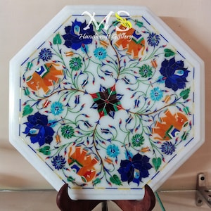 Wit marmeren inlegwerk zijtafelblad, Pietra Dura Art, Home Living-tafel, handgemaakte bijzettafel met marmeren inlegwerk, marmeren middentafel