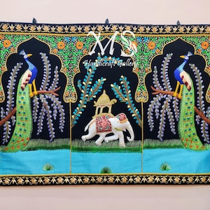 6&quot;×4&quot; Silk Wall Hanging Tapestry Peacock Panel, Silk Patch work wall hanging, Zardozi jewel carpet, zardozi ornaments, Xmas embroidery