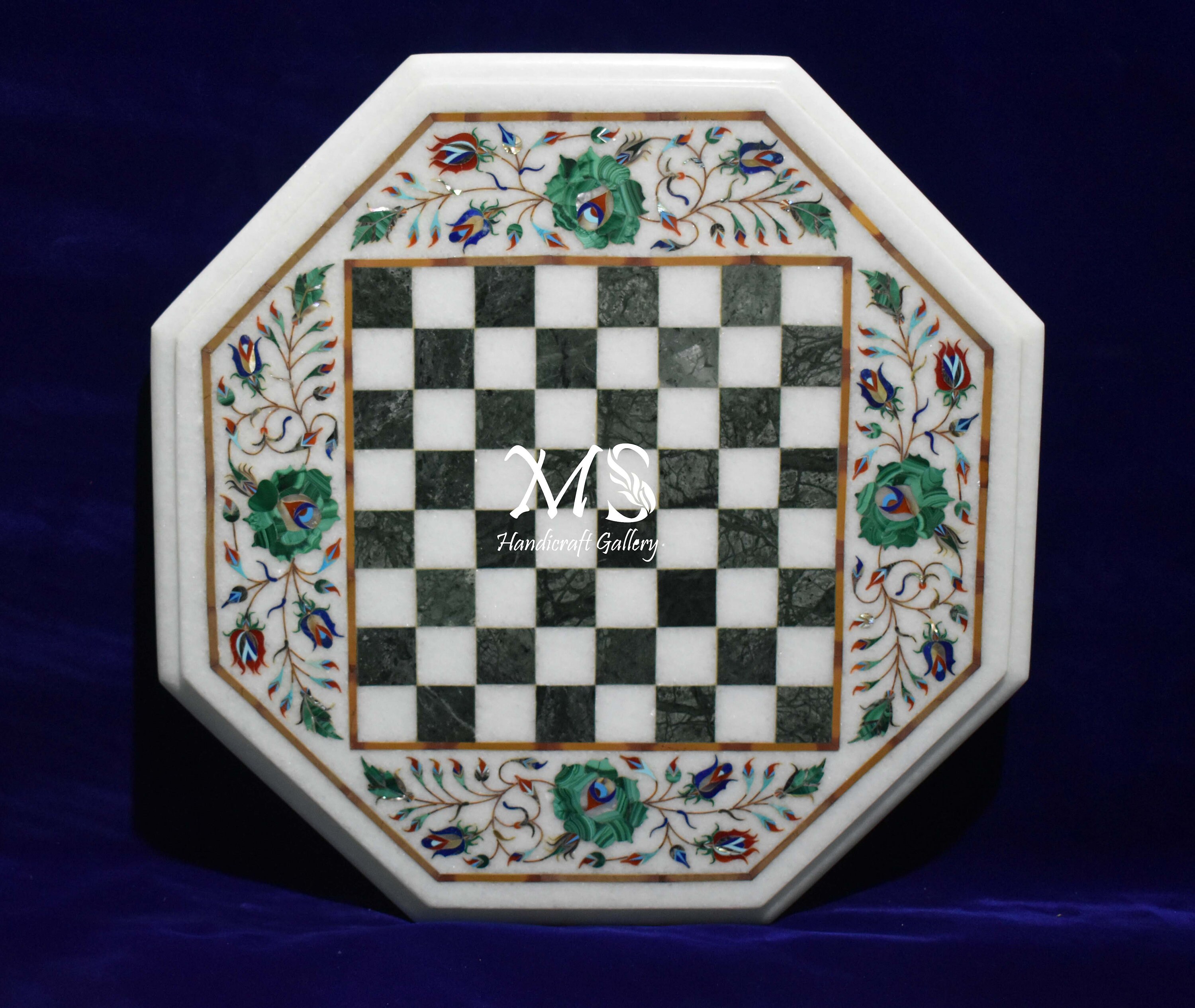 15 Marble Inlay Chess Table, Malachite Semi Precious Stones Home Decor ...